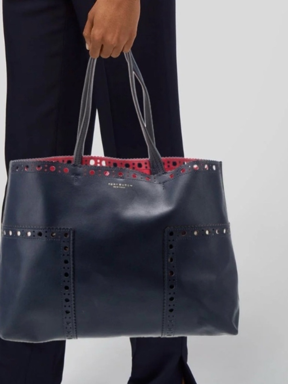 Tory Burch Navy Leather Tote with Red Accent - Picture 3 of 11